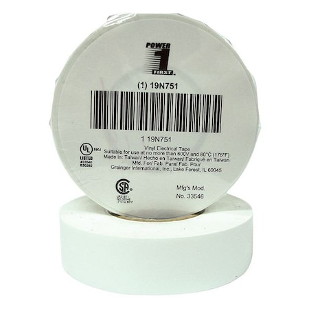 Vinyl Electrical Tape, 3/4 in W x 60 ft, 7 mil thick, White MPN:19N751
