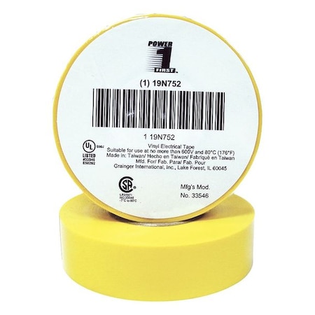 Vinyl Electrical Tape, 3/4 in W x 60 ft L, 7 mil thick, Yellow MPN:19N752