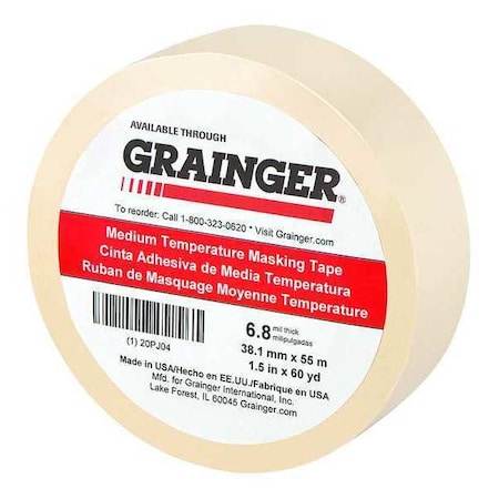 Painter's Tape, 1 1/2 in W x 60 yd L, 6.8 mil Thick, Tan, Rubber Adhesive MPN:20PJ04