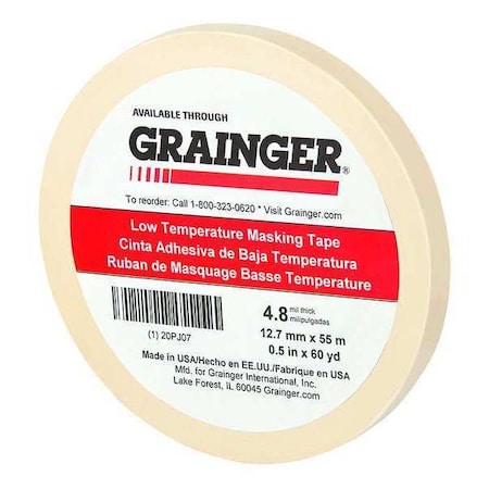 Masking Tape, 1/2 in W x 60 yd L, 4.8 mil Thick, Tan, Rubber Adhesive MPN:20PJ07