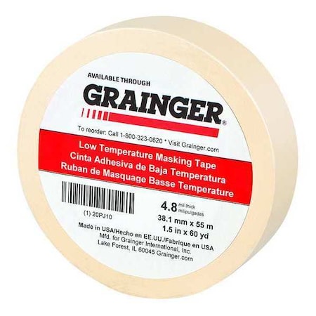 Masking Tape, 1 1/2 in W x 60 yd L, 4.8 mil Thick, Tan, Rubber Adhesive MPN:20PJ10