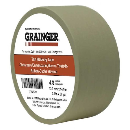 Masking Tape, 1/2 in W x 60 yd L, 4.8 mil Thick, Tan, Rubber Adhesive MPN:TC106-0.5