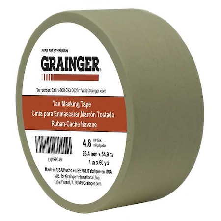 Masking Tape, 1 in W x 60 yd L, 4.8 mil Thick, Tan, Rubber Adhesive MPN:TC106-1