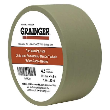 Masking Tape, 1 1/2 in W x 60 yd L, 4.8 mil Thick, Tan, Rubber Adhesive MPN:TC106-1.5