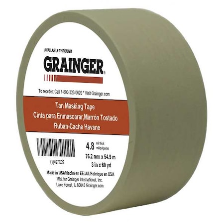 Masking Tape, 3 in W x 60 yd L, 4.8 mil Thick, Tan, Rubber Adhesive MPN:TC106-3