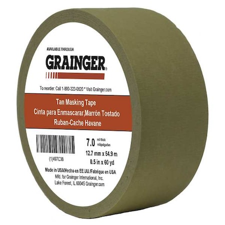 Masking Tape, 1/2 in W x 60 yd L, 7 mil Thick, Tan, Rubber Adhesive MPN:TC450-0.5