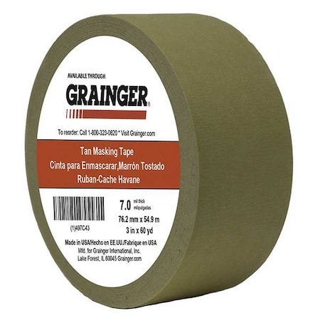 Masking Tape, 3 in W x 60 yd L, 7 mil Thick, Tan, Rubber Adhesive MPN:TC450-3