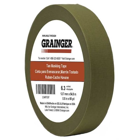 Masking Tape, 1/2 in W x 60 yd L, 6.3 mil Thick, Tan, Rubber Adhesive MPN:TC650-0.5