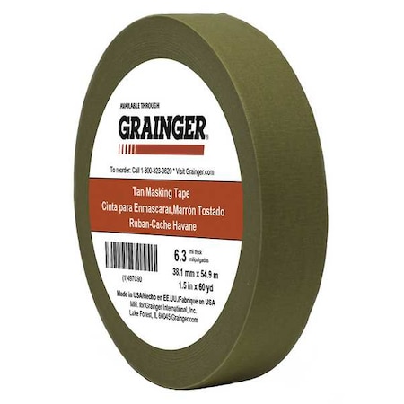 Masking Tape, 1 1/2 in W x 60 yd L, 6.3 mil Thick, Tan, Rubber Adhesive MPN:TC650-1.5