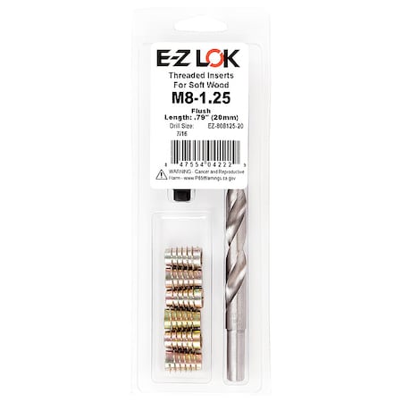 Thread Repair Kit, Hex Drive Threaded Inserts, M8-1.25, Hexavalent Chromium Zinc, 6 Inserts MPN:EZ-808125-20