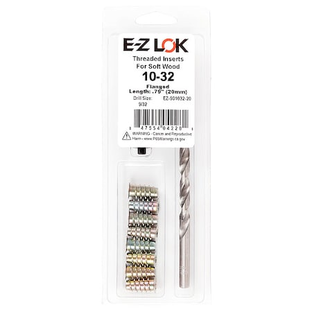 Thread Repair Kit, Hex Drive Threaded Inserts, #10-32, Hexavalent Chromium Zinc, 8 Inserts MPN:EZ-901032-20