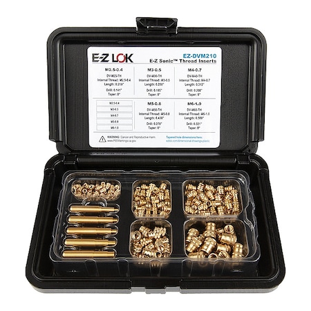 Heat-Set Insert Kit, M2.5-M6, 7/32 in, 1/4 in, 5/16 in, 7/16 in, 1/2 in L, Brass MPN:EZ-DVM210
