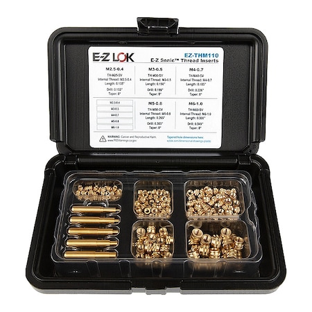 Heat-Set Insert Kit, M2.5-M6, 9/64 in, 5/32 in, 3/16 in, 17/64 in, 19/64 in L, Brass MPN:EZ-THM110