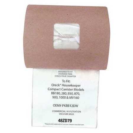 Vacuum Bag, 2-ply, Paper Bag, 12 PK MPN:48ZD79