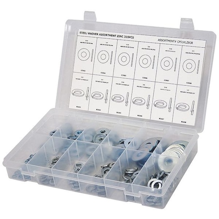 Washer Assortment, Steel Zinc Plated Finish, 310 PCS MPN:CPS1KZL8GR