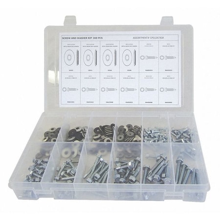Screw and Washer Assortment Self-Drilling Screw and Washer Assortment, Steel, Zinc Plated Finish MPN:CPS1ZA73GR