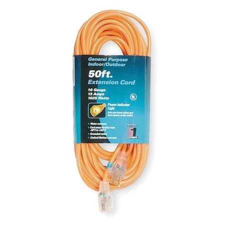 SJTW Outdoor Extension Cord, 16 AWG 1 Outlet, 5-15R, Orange, PVC, 5-15P, 50ft MPN:1FD53
