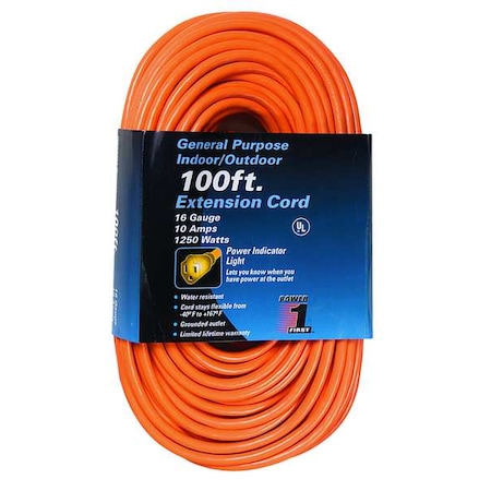 SJTW Extension Cord, 16 AWG 1 Outlet, 5-15R, Orange, PVC, 5-15P, 100ft MPN:1FD54