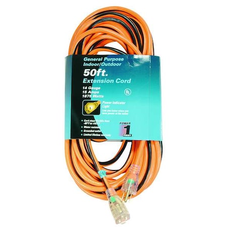 SJTW Outdoor Extension Cord, 14 AWG 1 Outlet, 5-15R, Orange/Black, PVC, 5-15P MPN:1FD55
