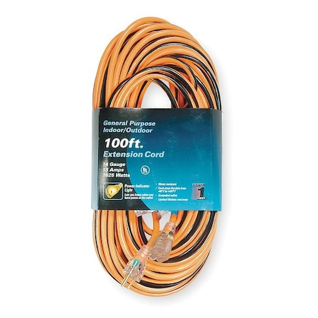 SJTW Outdoor Extension Cord, 14 AWG 1 Outlet, 5-15R, Orange/Black, 5-15P, PVC MPN:1FD56