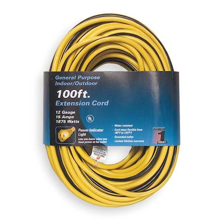 SJTW Extension Cord, 12 AWG, Outdoor, 12/3, 1 Outlets, 5-15R, Yellow with Black Stripe, PVC, 5-15P MPN:1FD57