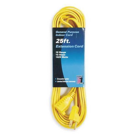 SPT-2 Indoor Extension Cord, 16 AWG 1 Outlet, 5-15R, Yellow, PVC, 5-15P, 25ft MPN:1FD58