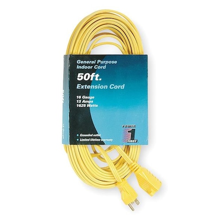 SPT-2 Indoor Extension Cord, 16 AWG 1 Outlet, 5-15R, Yellow, PVC, 5-15P, 50ft MPN:1FD59