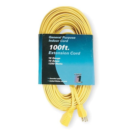 SPT-2 Indoor Extension Cord, 16 AWG 1 Outlet, 5-15R, Yellow, 5-15P, 100ft MPN:1FD60