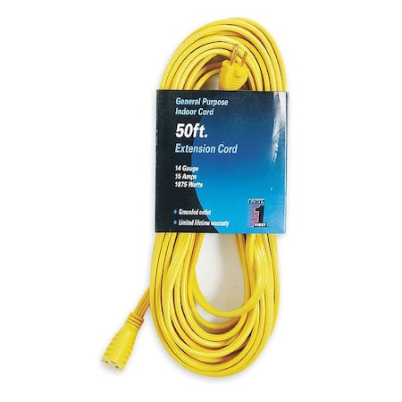 SPT-3 Indoor Extension Cord, 14 AWG 1 Outlet, 5-15R, Yellow, PVC, 5-15P, 50ft MPN:1FD61