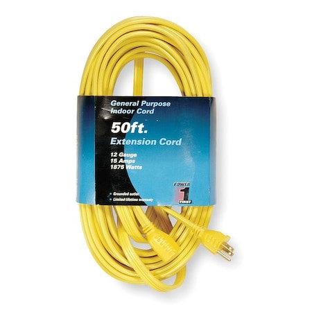 SPT-3 Indoor Extension Cord, 12 AWG 1 Outlet, 5-15R, Yellow, PVC, 5-15P, 50ft MPN:1FD62