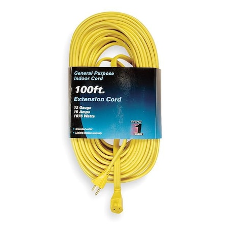 SPT-3 Indoor Extension Cord, 12 AWG 1 Outlet, 5-15R, Yellow, 5-15P, 100ft MPN:1FD63