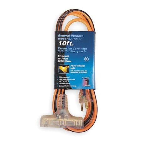 SJTW Outdoor Extension Cord, 14 AWG 3 Outlets, PVC, 5-15R, Orange/BLK, 5-15P MPN:1FD64