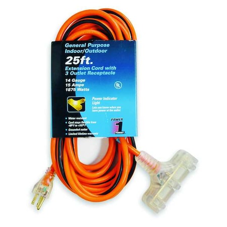 SJTW Outdoor Extension Cord, 14 AWG 3 Outlets, 5-15R, Orange/BLK, 5-15P, PVC MPN:1FD65