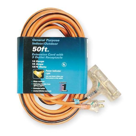 SJTW Outdoor Extension Cord, 14 AWG 3 Outlets, 5-15R, Orange/BLK, PVC, 5-15P MPN:1FD66