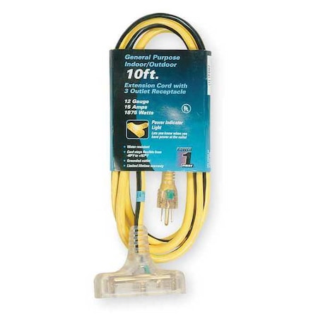 SJTW Outdoor Extension Cord, PVC, 12 AWG 3 Outlets, 5-15R, Yellow/BLK, 5-15P MPN:1FD67