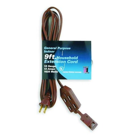 SPT-2 Indoor Extension Cord, 16 AWG 3 Outlets, 1-15R, Brown, PVC, 1-15P, 9 ft MPN:1FD68