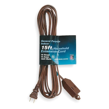 SPT-2 Indoor Extension Cord, 16 AWG 3 Outlets, 1-15R, Brown, PVC, 1-15P, 15ft MPN:1FD71