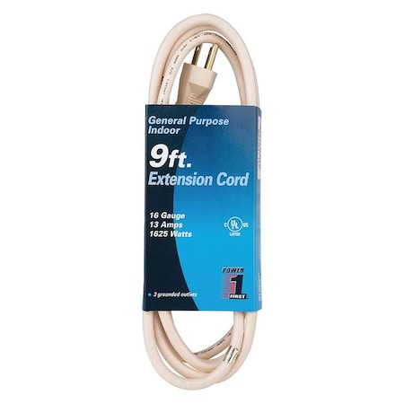 SJT Indoor Extension Cord, 16 AWG 3 Outlets, 5-15R, Beige, PVC, 5-15P, 9 ft MPN:1FD72