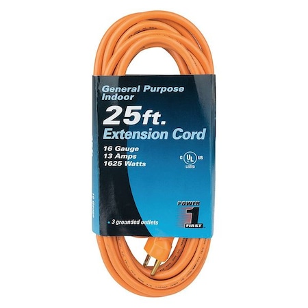 SJT Indoor Extension Cord, 16 AWG 3 Outlets, 5-15R, Orange, PVC, 5-15P, 25 ft MPN:1FD73