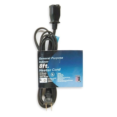 HPN Indoor Extension Cord, 16 AWG 1 Outlet, 1-15R, Black, Rubber, 1-15P, 8 ft MPN:1FD75
