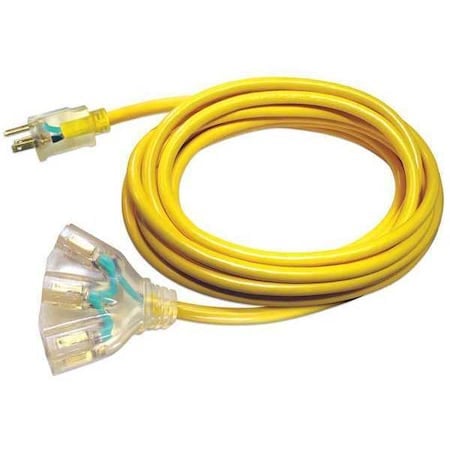 SJTW Extension Cord, 14 AWG, Outdoor, 14/3, 3 Outlets, 5-15R, Yellow, PVC, 5-15P, 25 ft MPN:20FR82ID