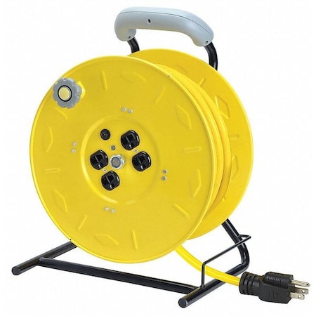 Cord Reel w/ Hand Lamp, Hand Operated, NEMA 5-15P, 12 AWG, Yellow Reel, 100 ft L (Formerly LumaPro) MPN:22M975