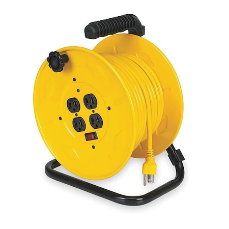 Cord Reel w/ Hand Lamp, Hand Operated, NEMA 5-15P, 14 AWG, Yellow Reel, 80 ft L (Formerly LumaPro) MPN:2YKR5