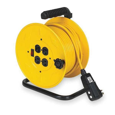 Cord Reel w/ Hand Lamp, Hand Operated, NEMA 5-15P, 14 AWG, Yellow, 80 ft L (Formerly LumaPro) MPN:2YKR7