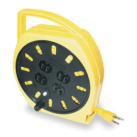 Cord Reel w/ Hand Lamp, Hand Operated, NEMA 5-15P, 16 AWG, Yellow Reel, 25 ft L (Formerly LumaPro) MPN:3A535