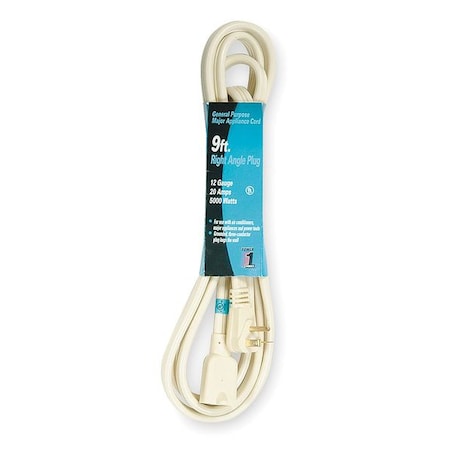 SPT-3 Indoor Extension Cord, 12 AWG 1 Outlet, 6-20R, Beige, PVC, 6-20P, 9 ft MPN:3AY47