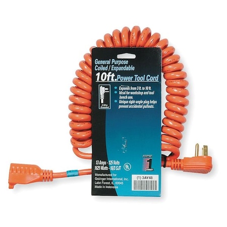 SJT Coiled Extension Cord, 16 AWG, 16/3, Orange, PVC, NEMA 5-15P, 10 ft MPN:3AY48