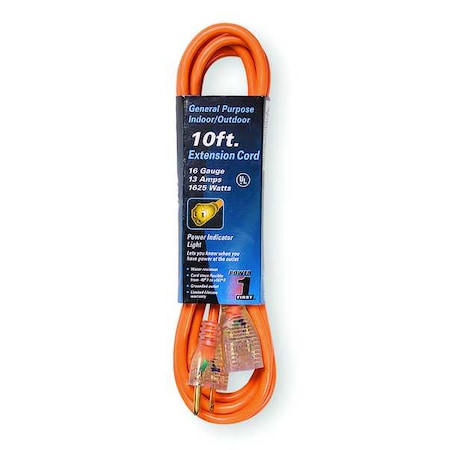 SJTW Outdoor Extension Cord, 16 AWG 1 Outlet, 5-15R, Orange, PVC, 5-15P, 10ft MPN:3EA97