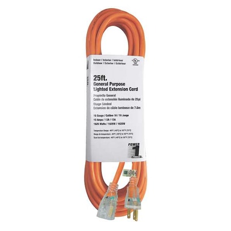 SJTW Outdoor Extension Cord, 16 AWG 1 Outlet, 5-15R, Orange, PVC, 5-15P, 25ft MPN:3EA98