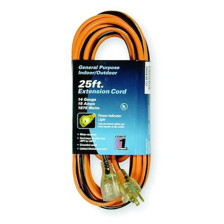 SJTW Extension Cord, 14 AWG, Outdoor, 14/3, 1 Outlets, 5-15R, Orange with Black Stripe, PVC, 5-15P MPN:3EA99